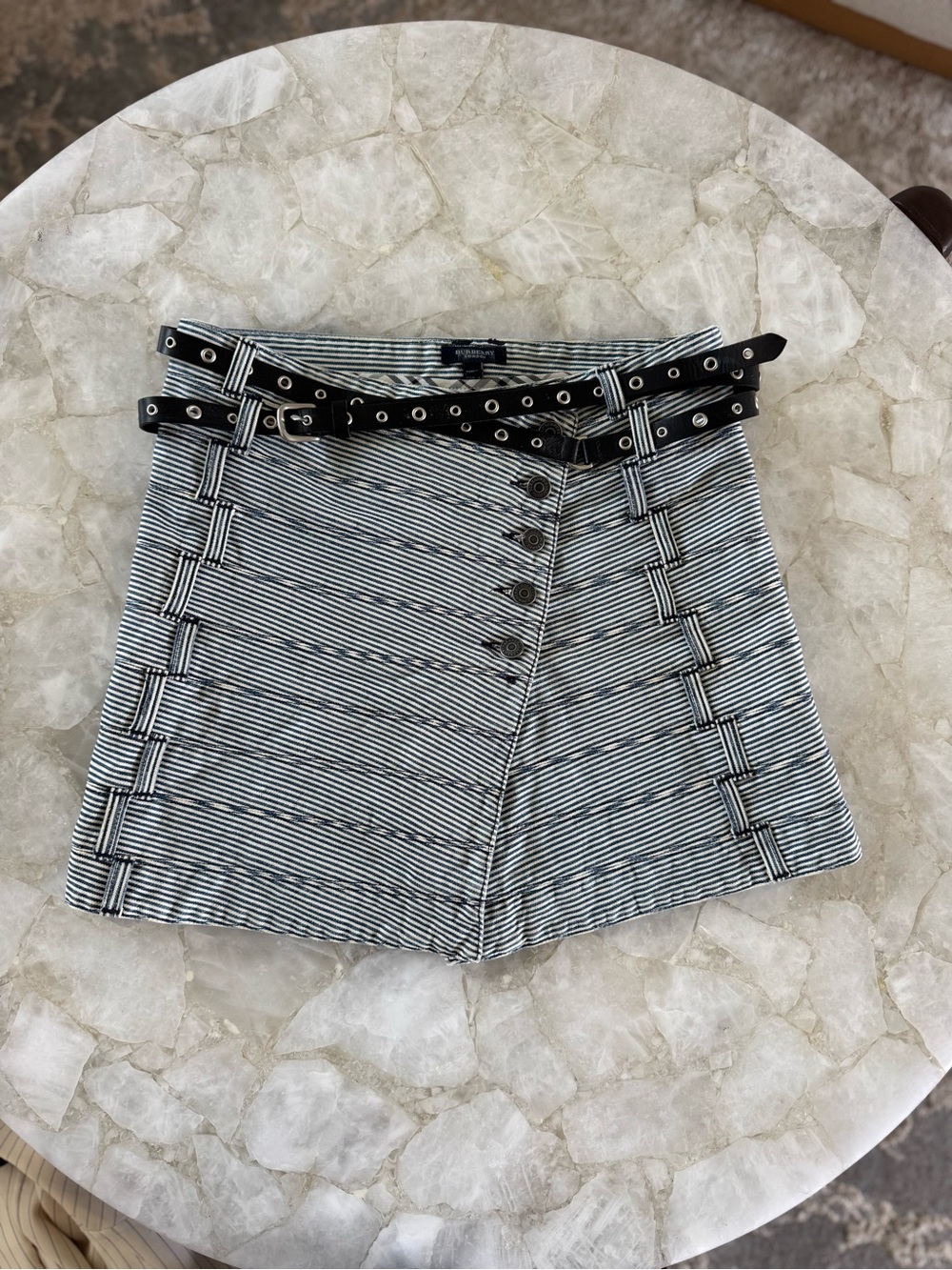 Burberry Blue Label Denim Mini Skirt Stripe | Leather Buckle Y2K Rare